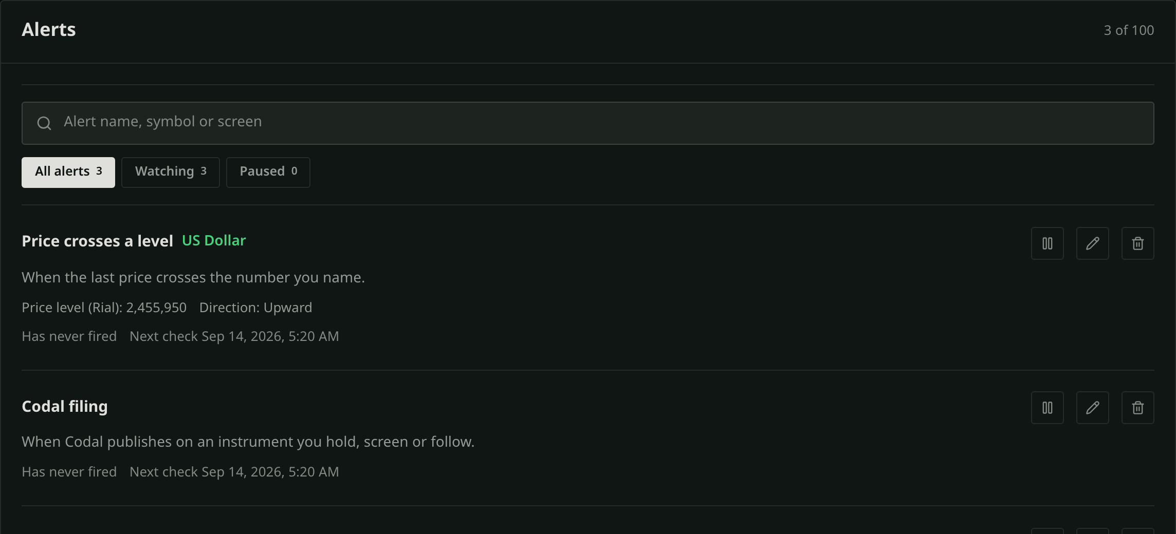 The list of alert rules in Rasad, with each condition’s kind, its state and the last time it fired.