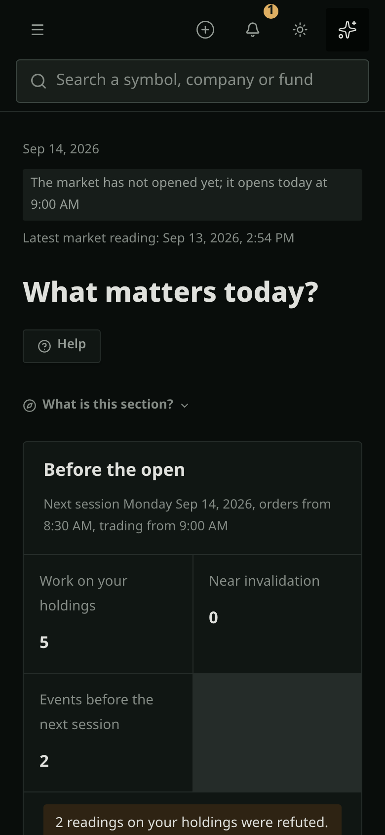 The Rasad Today page on a phone, with today’s work and the market session.
